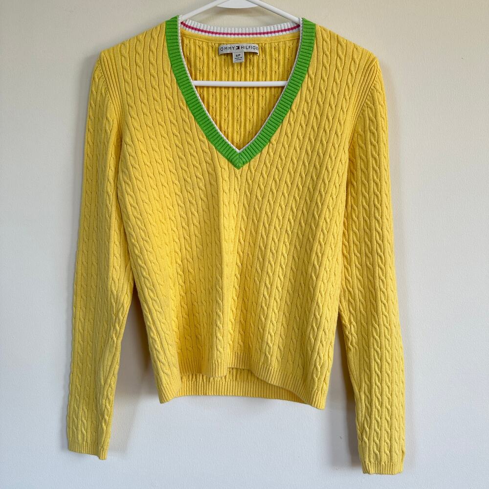 Tommy Hilfiger Vintage Cable Knit Sweater Pullover V-Neck Preppy y2K Varsity S